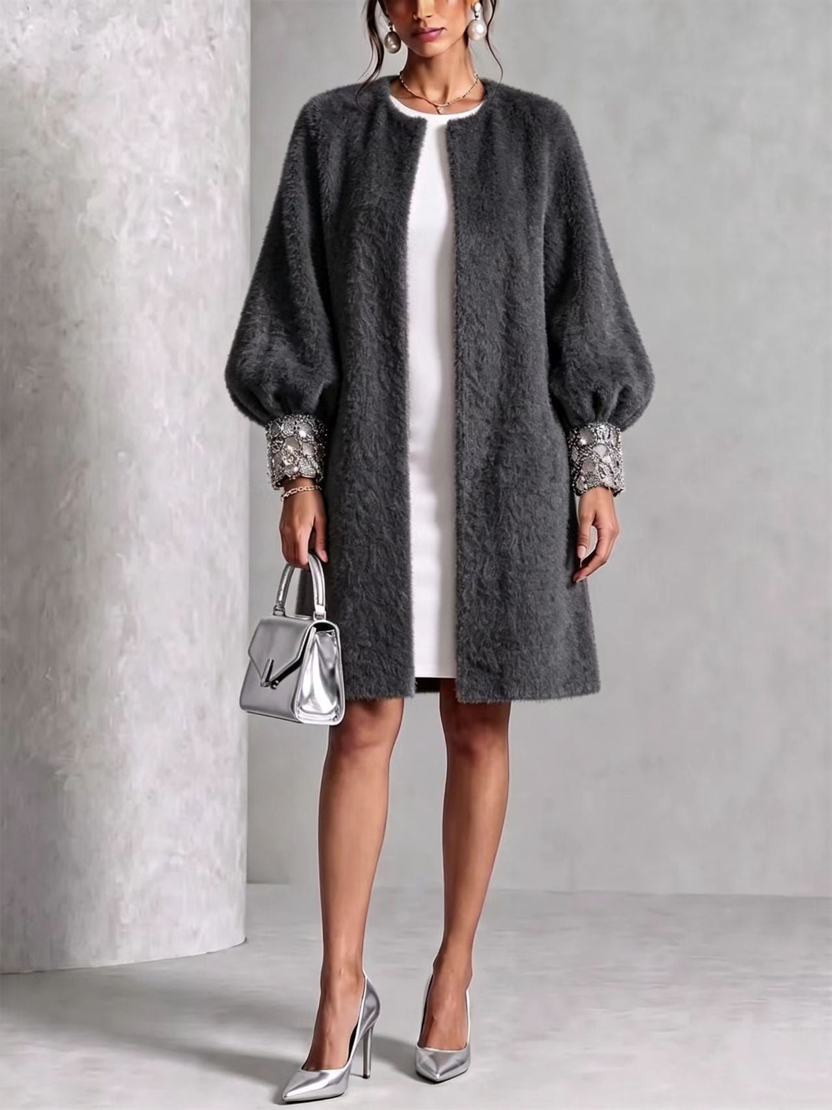 🤲LAST DAY SAVE 49% ⏰Cozy Pink Woolen Shiny Cuffs Open-front Coat— FREE Handbag