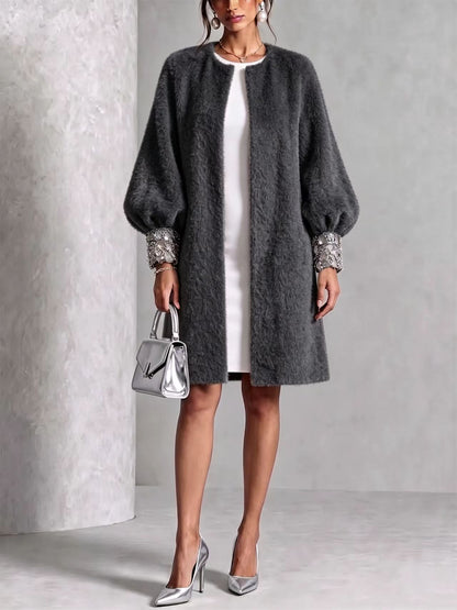 🤲LAST DAY SAVE 49% ⏰Cozy Pink Woolen Shiny Cuffs Open-front Coat— FREE Handbag